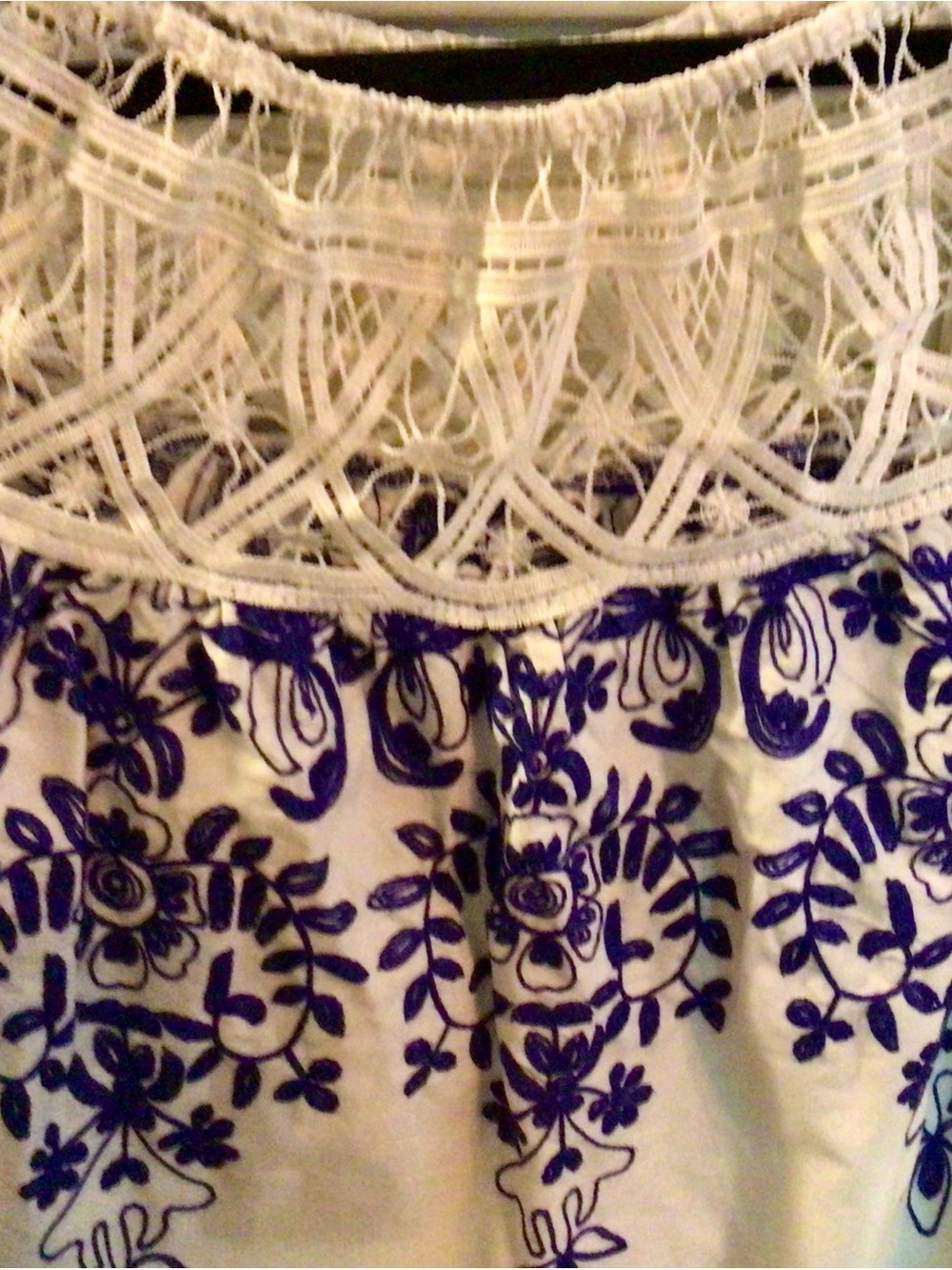White Crochet Yoke Peasant Top with Blue Floral Embroidery - Sz. M - NWOT - Picture 7 of 9